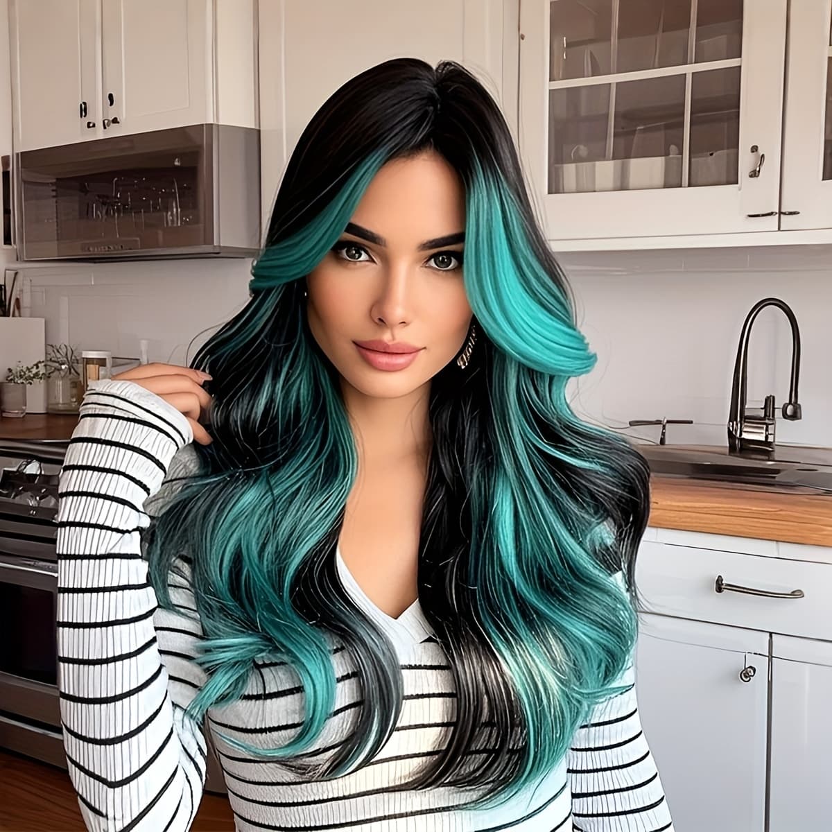 TEMU High-end Light Blue Black With Curtains Bangs Curly Hair Ladies Wig- Net Hat, Natural , Elegant Style, Suitable For Women' Parties, Cosplay Use.