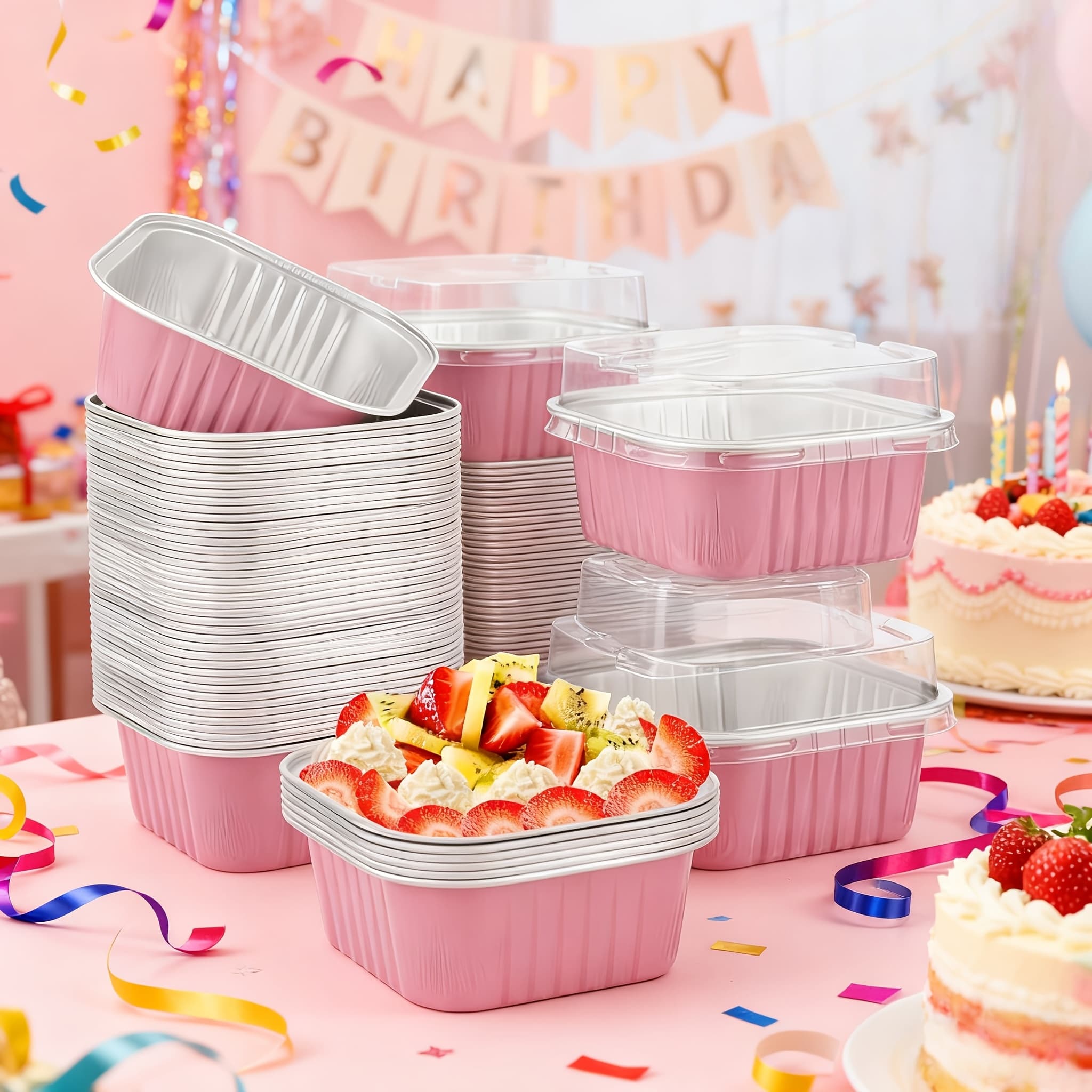 TEMU 50pcs Aluminum Foil Square Baking Cups With Lids, 5oz Disposable Ramekins Cake Pans, Cupcake Baking Cups Containers For Bread Muffin Brownie Cheesecake