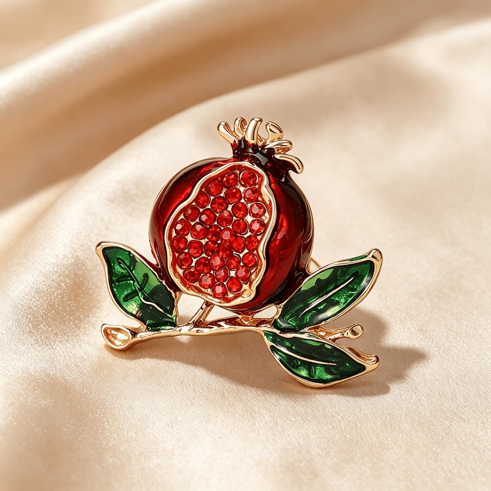 TEMU Elegant Vintage Style Pomegranate Brooch, Enamel With Full And Sparkling Rhinestones, Green Enamel Leaves, Symbolizing And . Suitable For Outfits, Holiday Gifts, A Chic For Ar