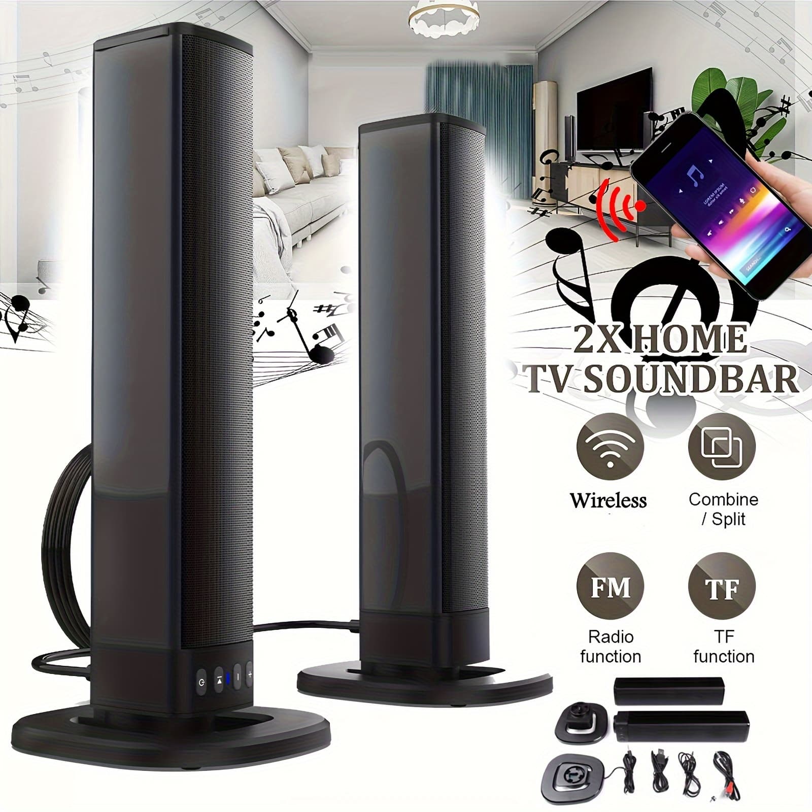 TEMU Sound Bar For Tv With Subwoofer, 20w, Detachable Wireless Tv Soundbar 3d Surround Sound Speaker For Home Theater Audio, Tf/aux/fm/rca, Movie, Game