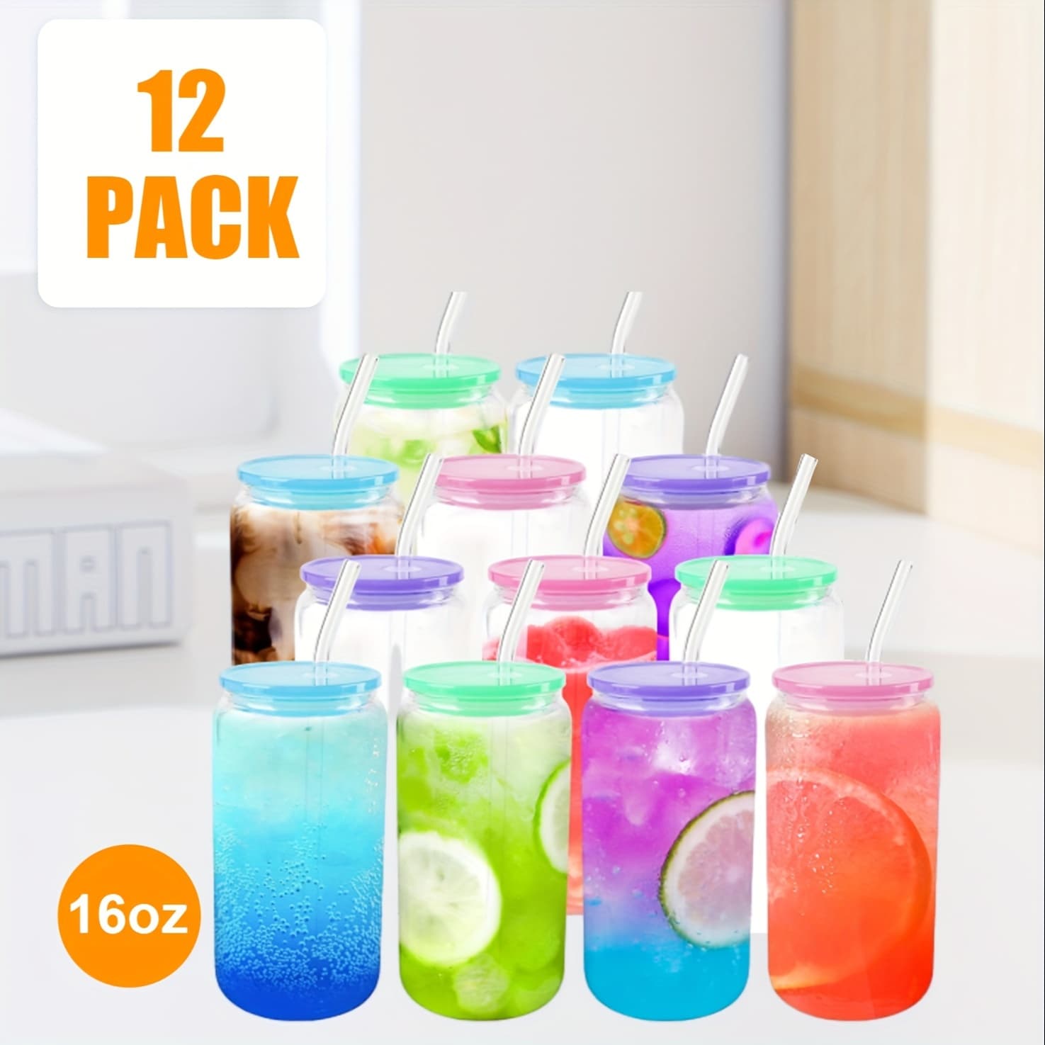 TEMU Of 12 Glass Tumblers Featuring Acrylic Lids And Straws, Each With Oz Capacity, Designed Like Cans. Perfect For Iced Coffee, Smoothies, Whiskey, Boba, Soda, And Tea, Making Them A Gift Option