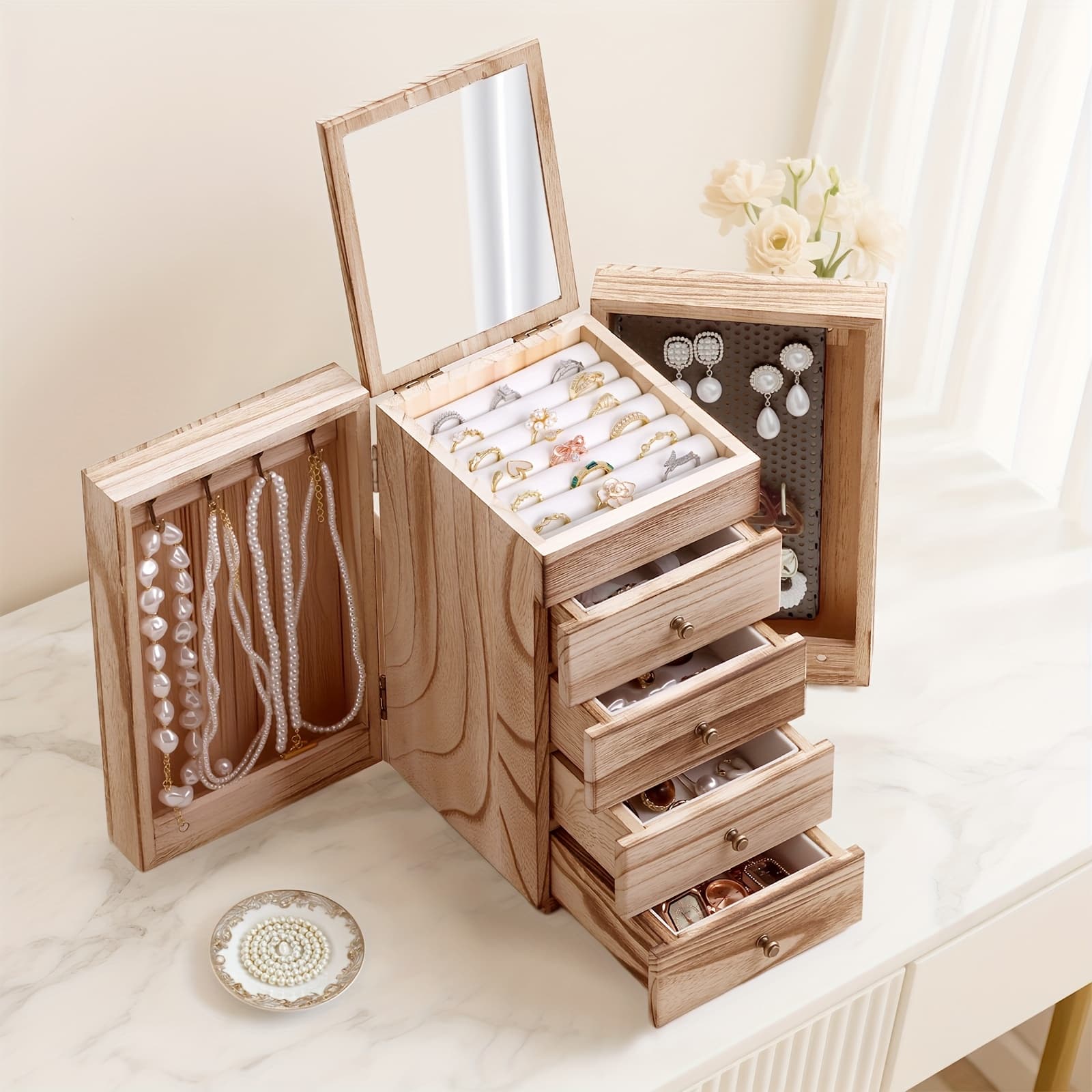 TEMU Wooden Jewelry Box Designed For Women Featuring A Mirror And 5 Compartments - A Chic Gift Option With , A Fashionable Rustic , Perfect For Birthdays Or Holiday Presents, Jewelry Boxes