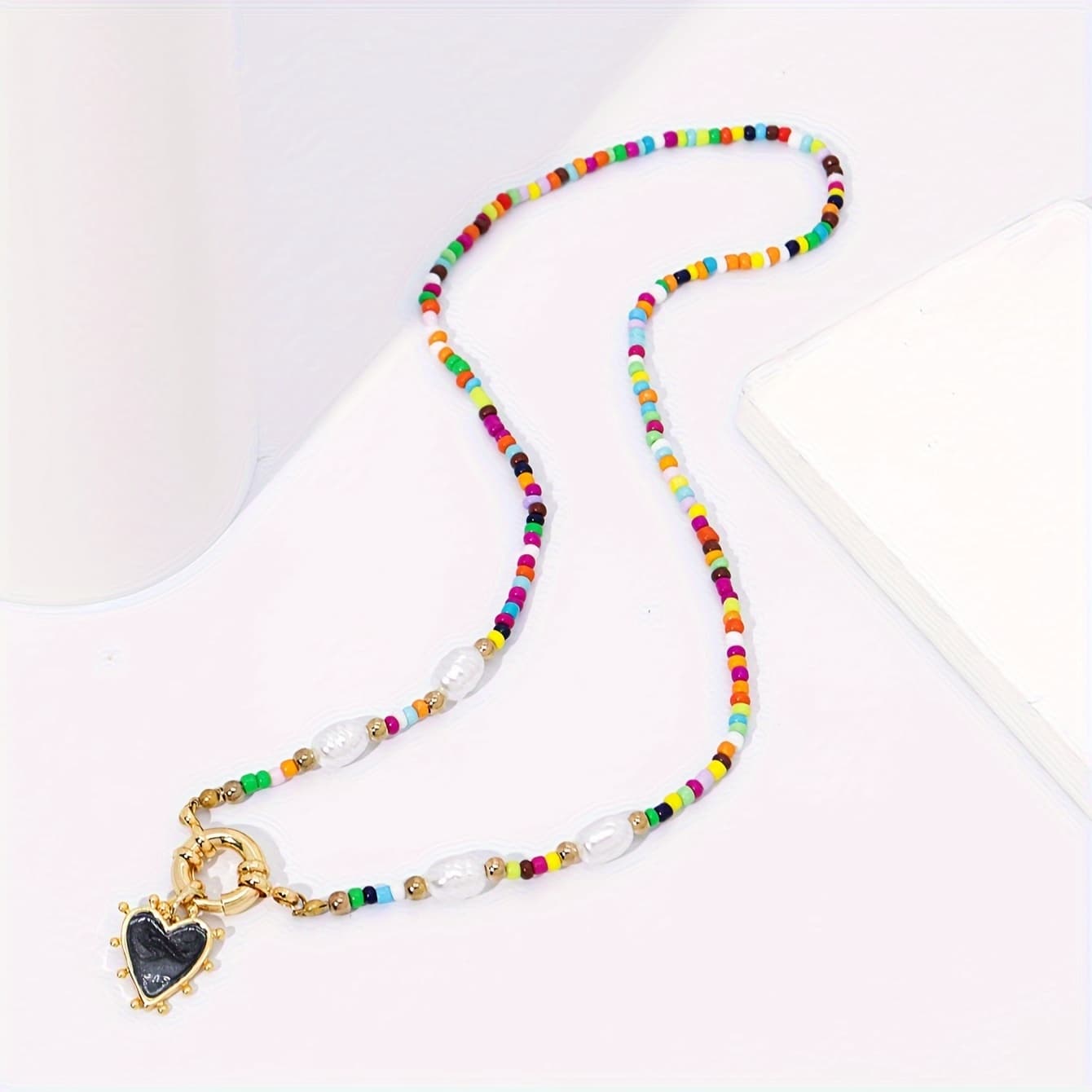 TEMU 1pc Women's Fashion Pendant Necklace, Bohemian Handmade Colorful Seed Bead Strand With Sailor Clasp Heart Pendant, Vacation Party Jewelry Accessory. Handcrafted, Slight And Size May Occur