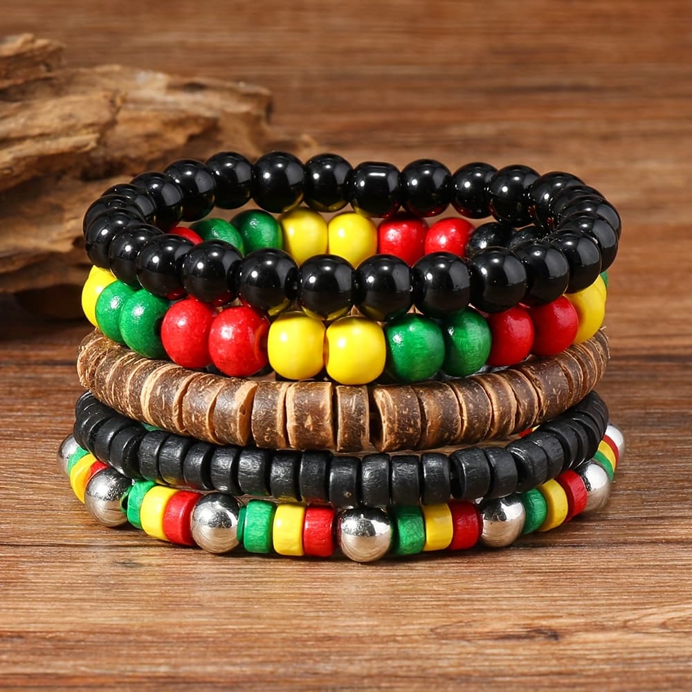 TEMU Men's & Women's Handmade Wood Bead Bangle Bangle Bracelet With Coconut Shell Beads - Elastic Wood Beads Suitable For Daily Wear,, Style For Island Vacation, Unisex For