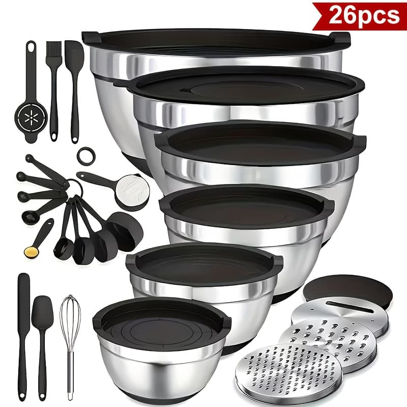 TEMU Mixing Bowls With Airtight Lids, 26pcs Stainless Steel Bowls Set, 3 Grater Attachments & Black Non-slip Bottoms Size 7, 4, 2.5, 2.0, 1.5, 1qt, Great For Mixing & Serving