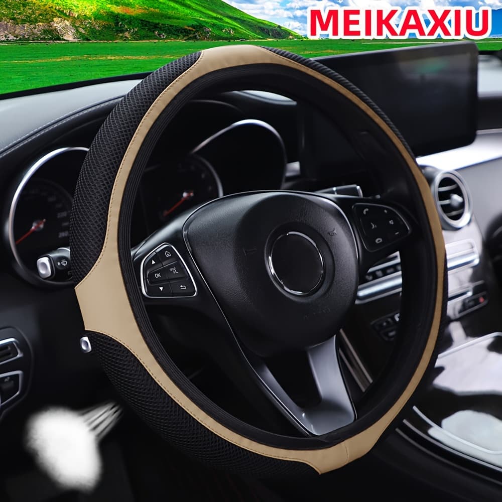 TEMU Pu Leather Breathable 3d Mesh Steering Wheel Cover, No , Fits 37-38cm Car Accessories