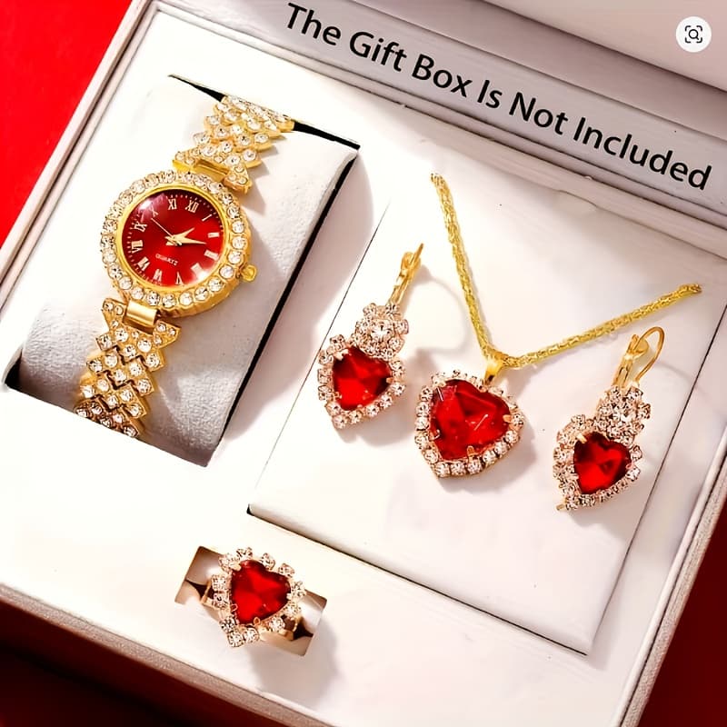 TEMU Set Of 5pcs Including A Luxurious , Necklace, Earrings, And Wristwatch With Rhinestones, Perfect For Elegant Women