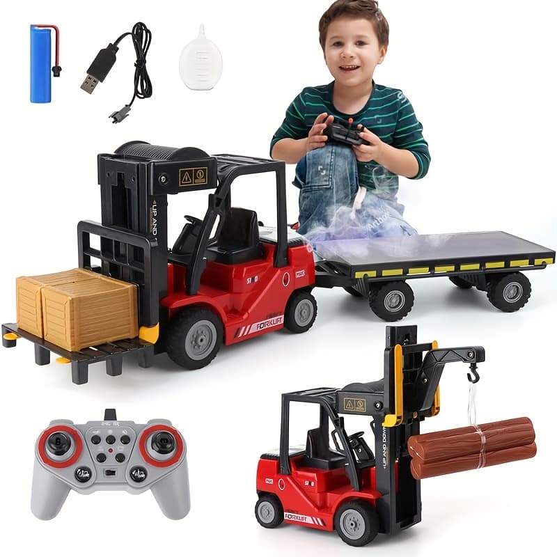 TEMU Rc, Dual Forklift And Crane , Featuring Realistic Exhaust Mist, Lighting, And Sound Effects.
