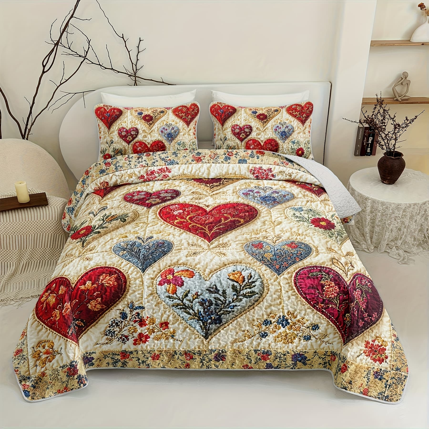 TEMU 3pcs Floral Heart Bedspread Set With Quilt & 2 Pillowcases - Brushed Bed Cover, Bed Quilt Suitable For - Cozy Bedspread, Elegant Floral Bedding Neutral Tones (1 Quilt + 2 Pillowcases)
