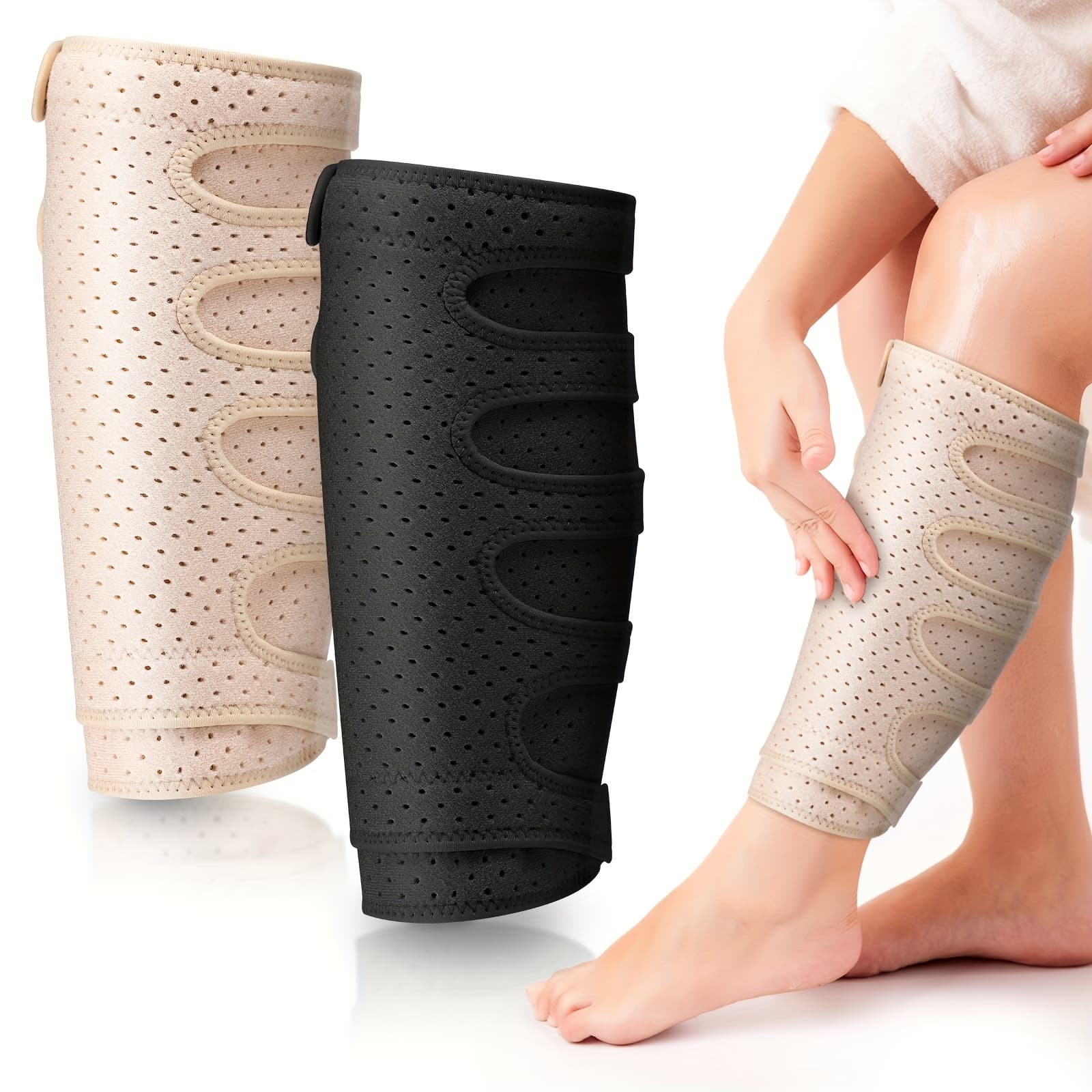 TEMU 2pcs Lymphedema Compression Wraps Calf Adjustable Brace 5 Strap Leg Wraps For Lymphedema Swollen Calf Garment Brace For Edema, Venous Insufficiency, Varicose Veins(beige, Black, 2xl)