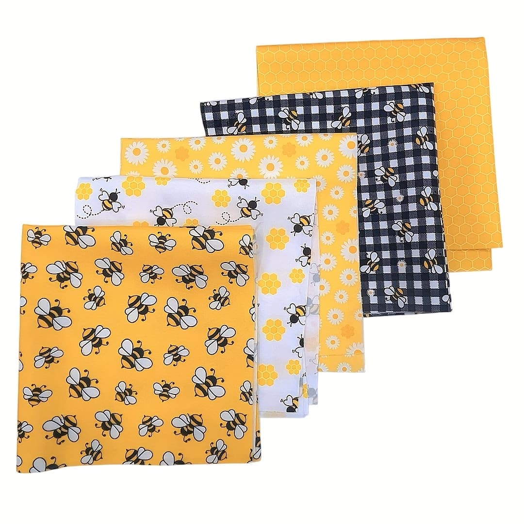 TEMU A Set Of 5 Bee-themed Fabric Bundles Featuring Daisies And Honeycomb Patterns, Perfect For Spring And Summer Crafts, Wallet Making, , And Gifts, Measuring 11.8 By 11.8 Inches, Wallet Making
