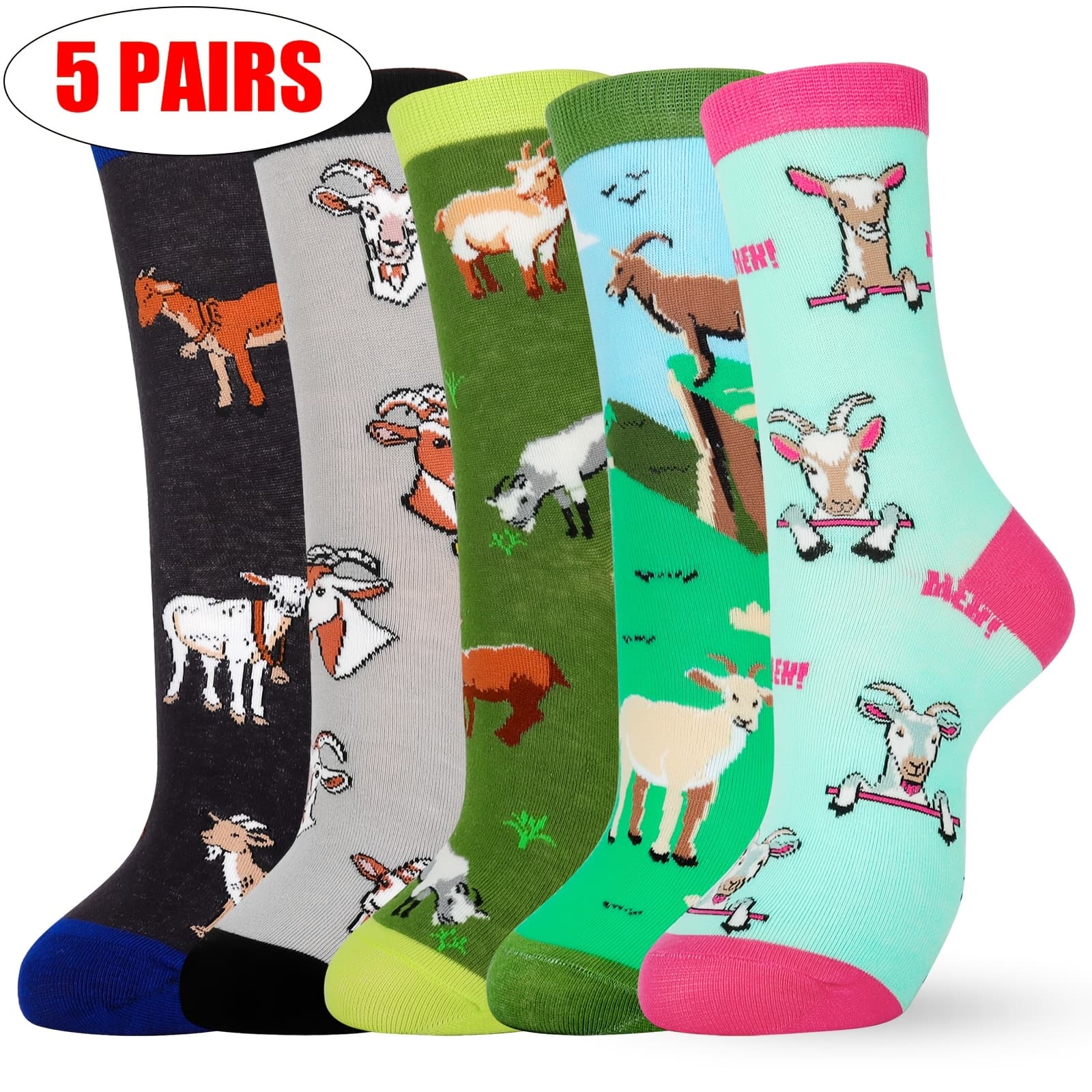 TEMU 5 Pairs Goat Socks For Women Funny Cute Fun Cozy Novelty Fashion Goat Printed Socks For Women Christmas Valentine's Day Gifts For Her Daughter Wife