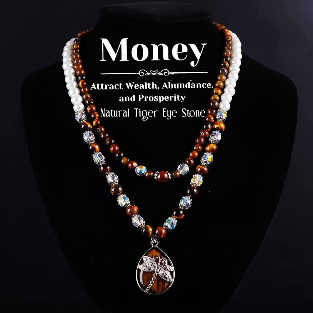 TEMU 2pcs/natural Tiger Eye Stone Necklace Handmade Dragonfly Pendant With Aurora Crystal Necklace Luxury Women's Necklace Holiday Party Jewelry Gift