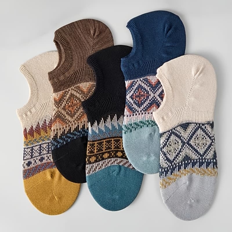 TEMU 5 Pairs Mixed Random Colors Men/women Boat Socks - Versatile Comfortable Trendy Ethnic Striped Socks