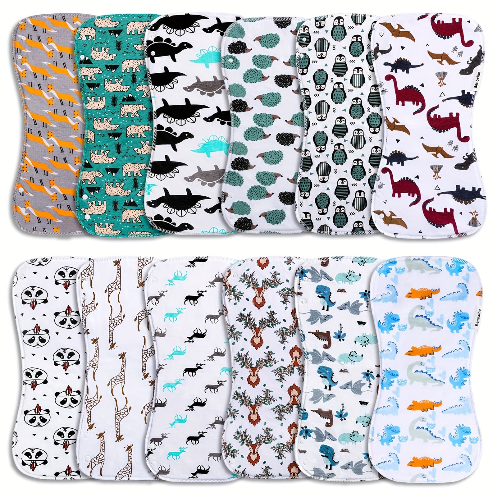 TEMU Set Of 12 Large, Thick, And Super Absorbent Baby Burp Cloths With Snaps, Designed For Boys, Perfect For Managing Spit-up