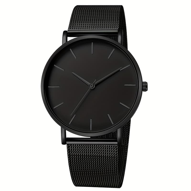 TEMU Men's Minimalist Black Quartz Watch With Mesh Band - Stylish Display, Alloy Case And Strap, Casual Design For Casual Attire