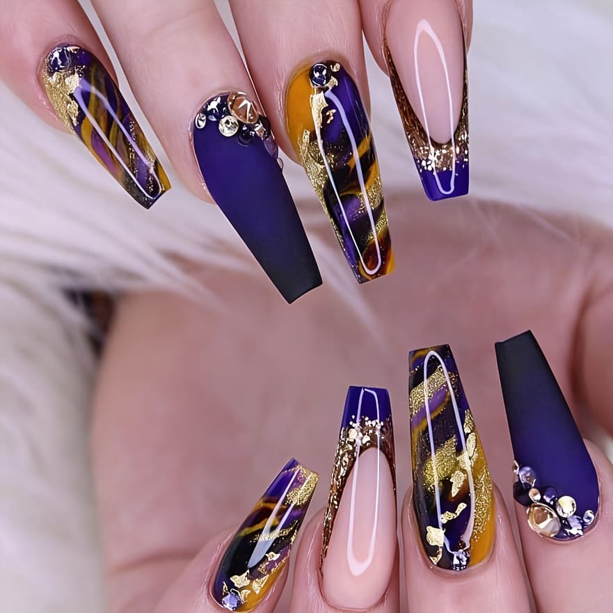 TEMU 24 Medium Ballet Fake Nails, Matte Mist Gold-plated Simi Textured Contrast Dressing Nail Design, Gloss Removable Fake Nail