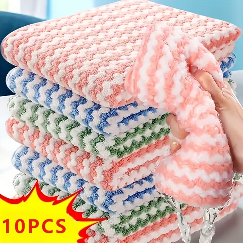 TEMU 10pcs Ultra-absorbent Microfiber Kitchen Towels - Perfect For Dishes And Countertops, Easy Clean, Contemporary Style, Square, Hand Wash , Striped In Blue, Pink, And Green