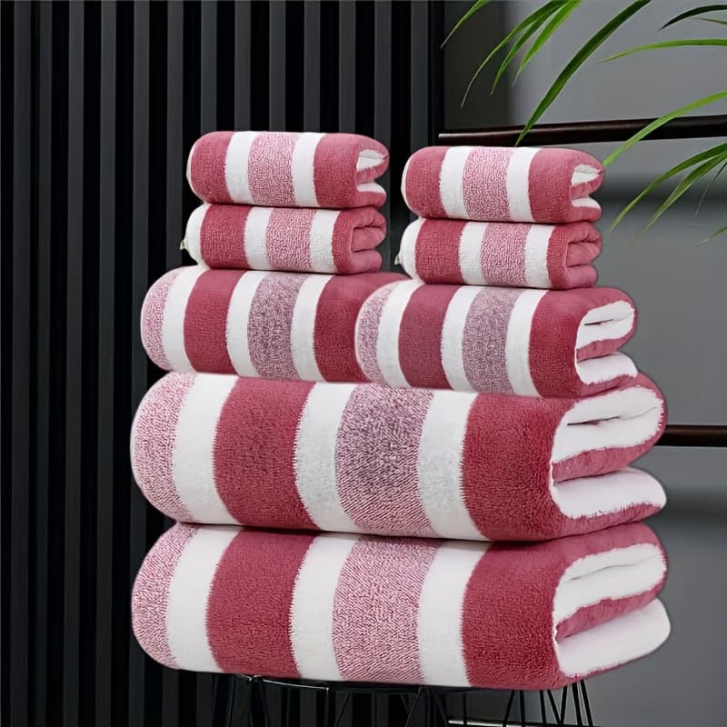 TEMU 8pcs Set, Loss, Super Absorbent, Super Soft Two-color Striped Bath Towel Combination, Including 2 Large Bath Towels, 2 Large Face Towels, 4 Hand Towels