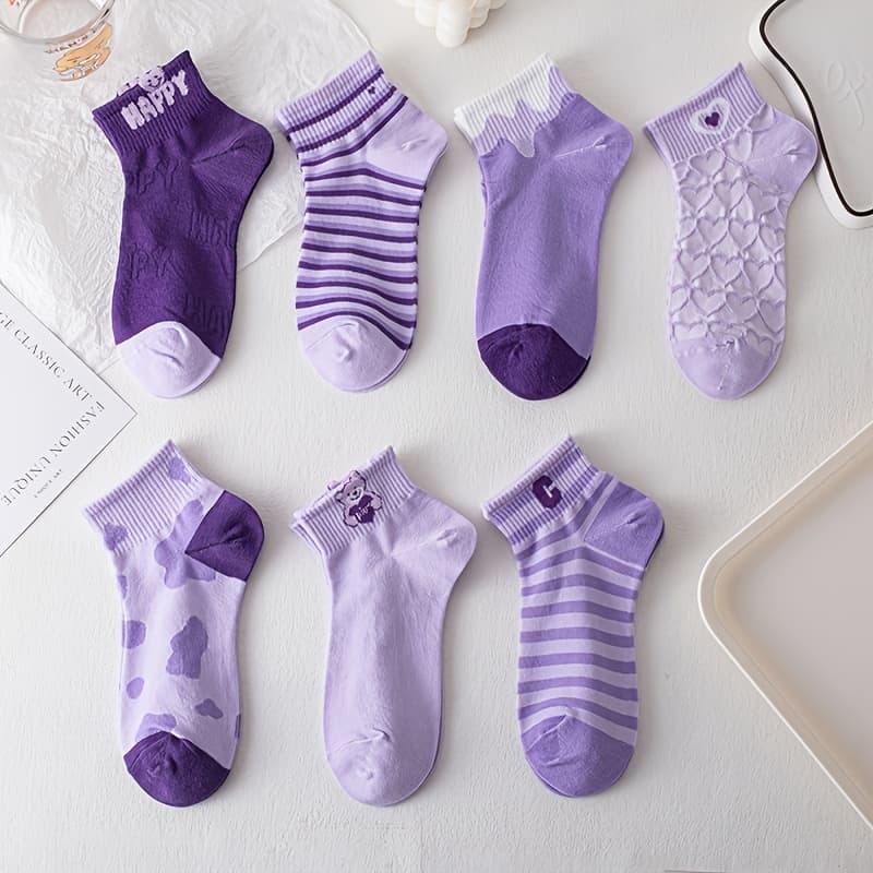 TEMU 7-pair Purple Cartoon Striped Socks, Cute Versatile Comfortable Breathable Short Socks, Women's Socks