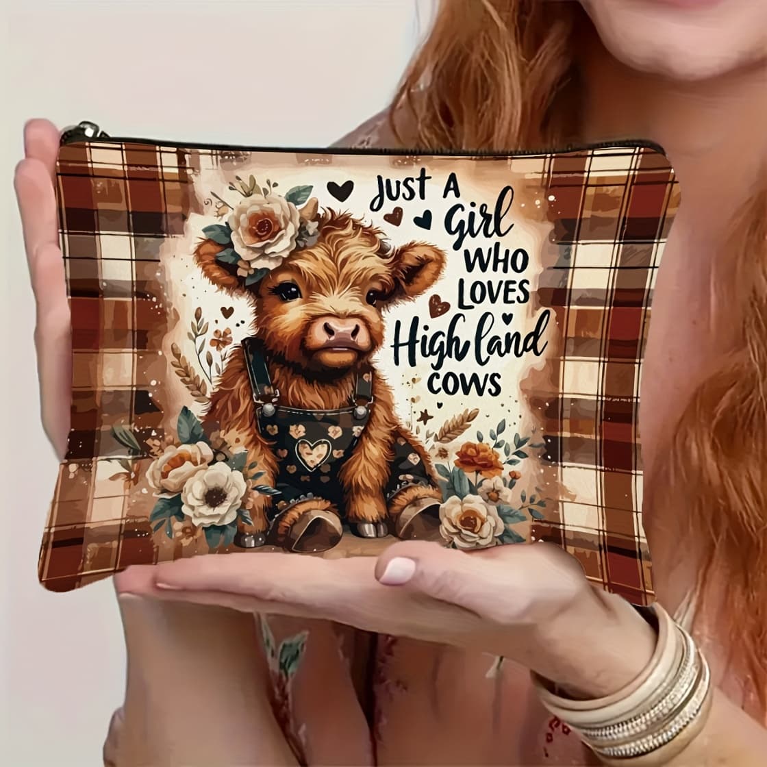 TEMU Highland Cow And Floral Print Toiletry Bag - Canvas Travel Cosmetic Pouch, Perfect Gift For Women, Sisters, Teen Girls, Daughters, Nieces, And