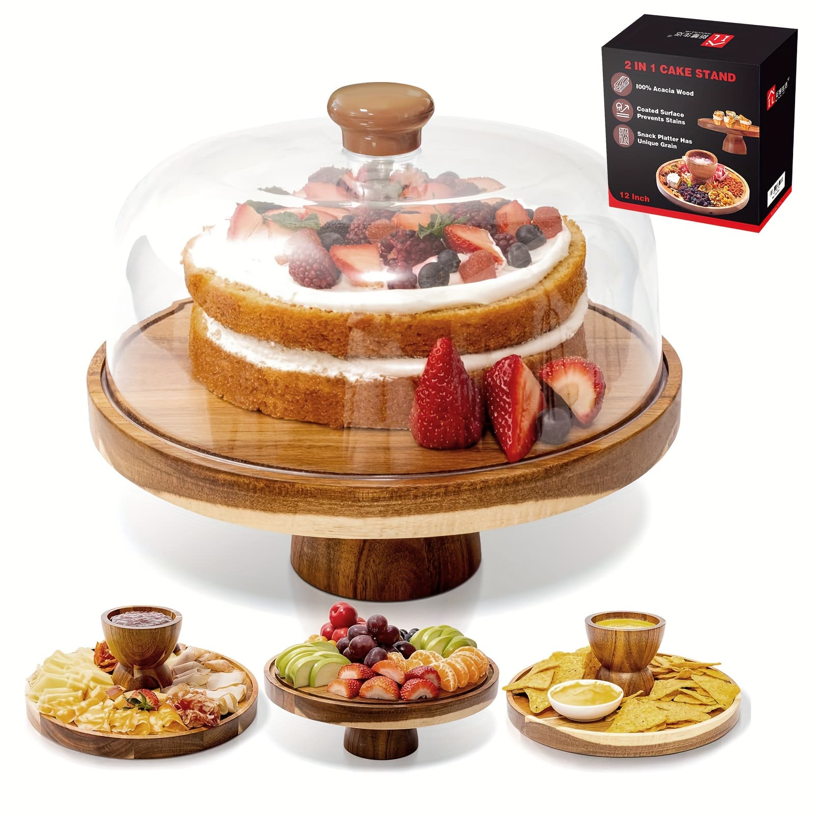 TEMU Wooden Cake Stand With Dome, 2-in-1 Magnetic Cake Stand With Lid - Versatile Cake Pan For Birthday/ Kitchen/ Party/ Board