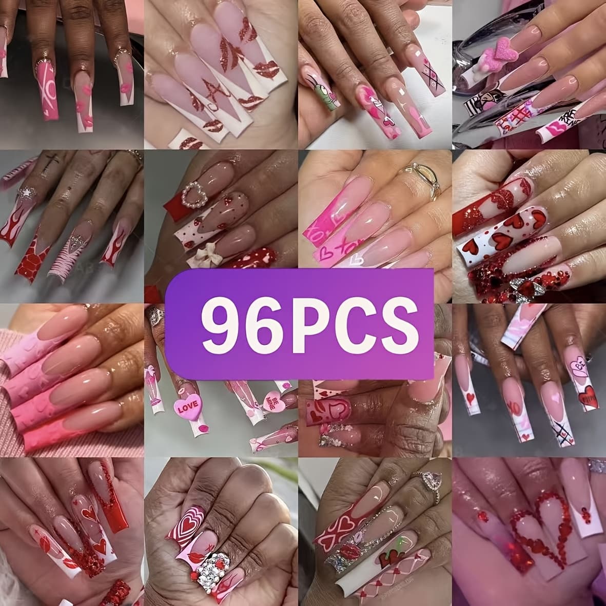 TEMU 96pcs Nail Art Set For Valentine's Day | Includes Almond, Ballerina, And Long Pipe Nails. An Of Fake Nails, Perfect For Holiday And Celebrations, Making It An Ideal Gift For Women Or
