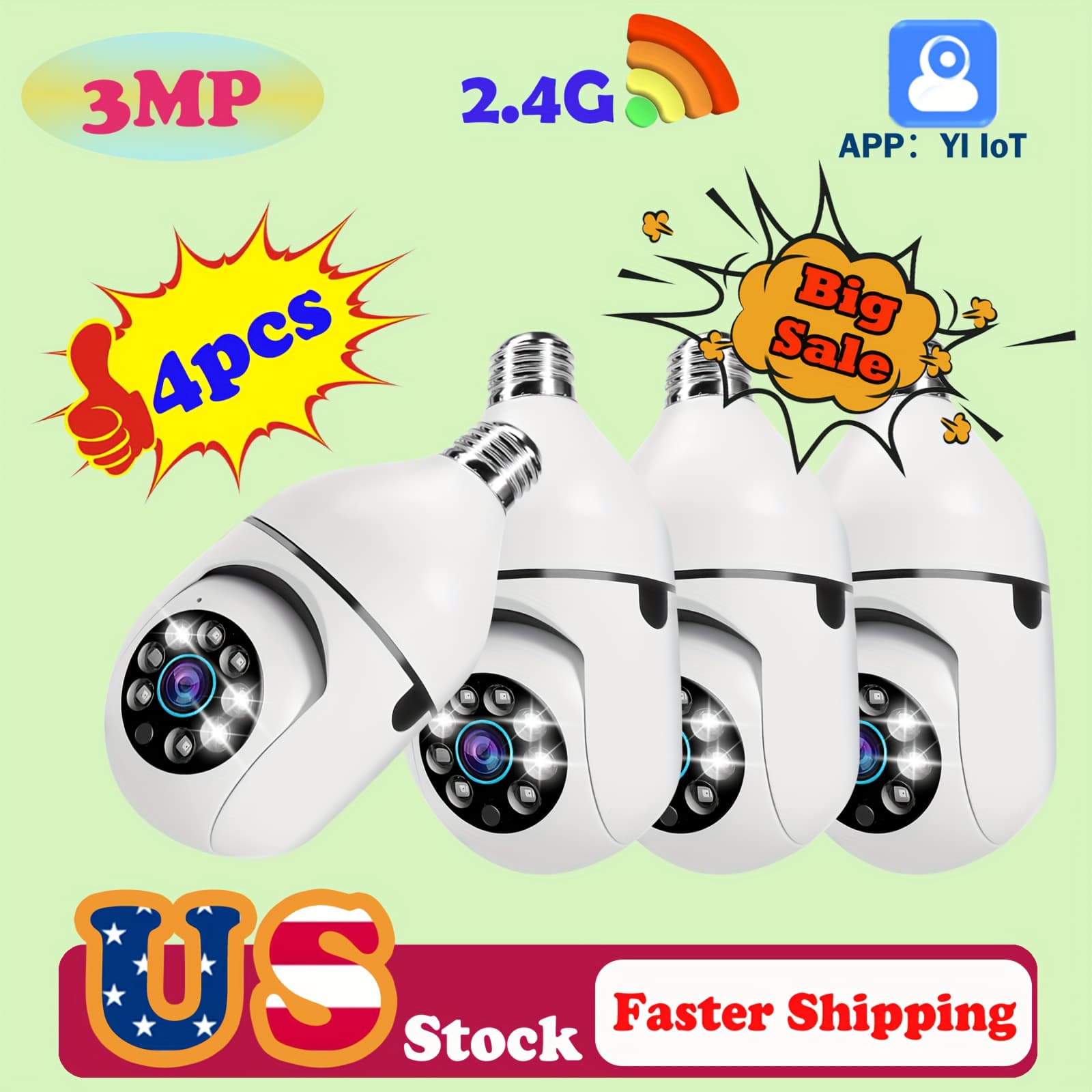 TEMU 3mp Light Bulb Security Camera Indoor, Wired 2.4ghz Wifi Home Camera, Talk, Auto-tracking, Color Night Vision, 2 Of Sd Card Storage, Indoor Camera With Phone App