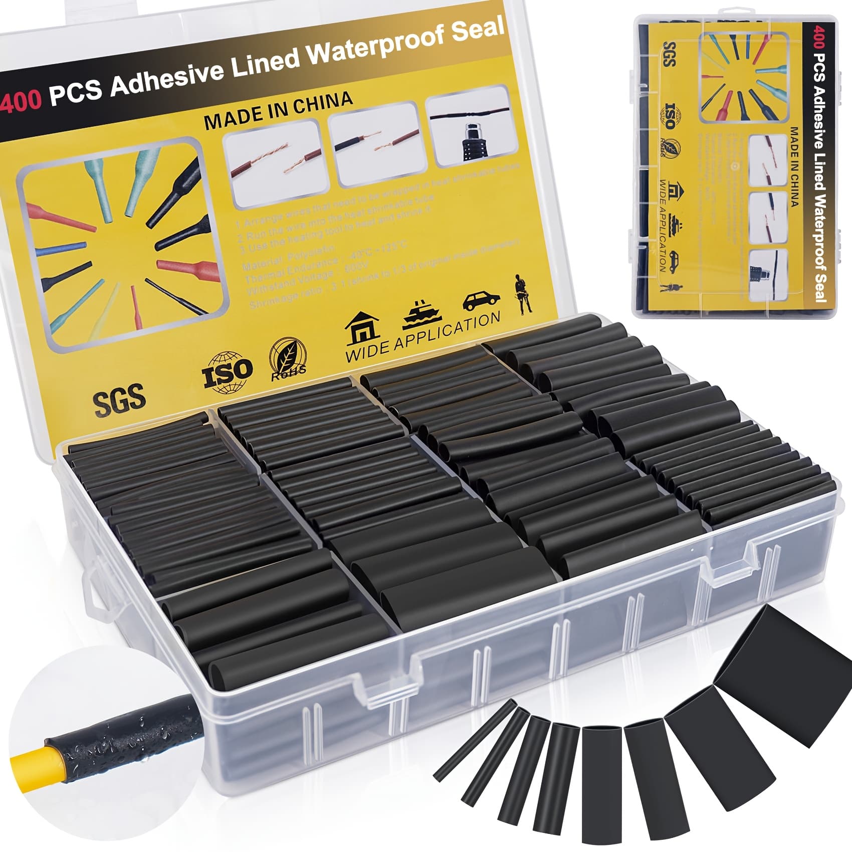 TEMU 400pcs Of Thermal Shrink Tubing, Featuring A Heat-shrinkable Polymer With A 3:1 Shrink Ratio, Lined With Adhesive. This Marine-grade Shrink Wrap Is Suitable For Industrial Applications