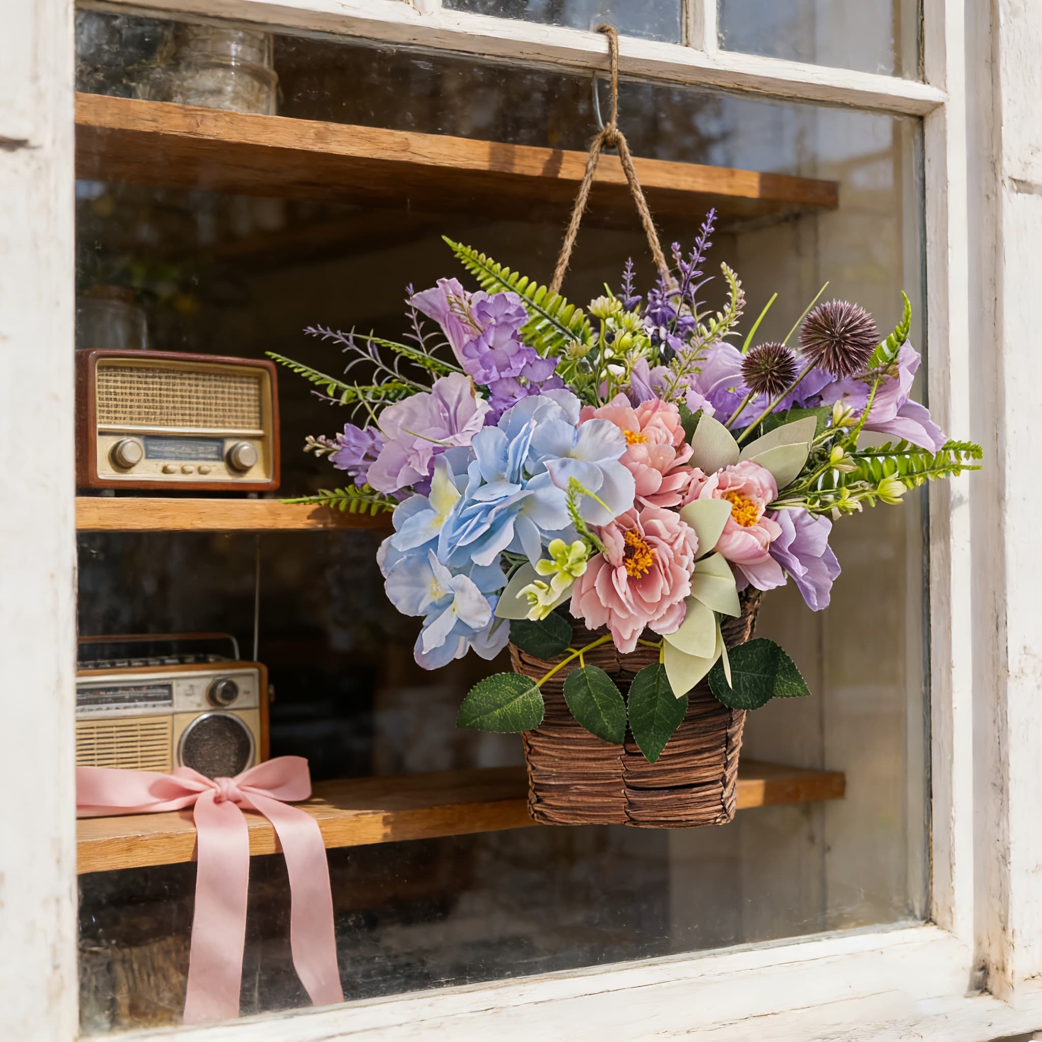 TEMU Cream Hydrangea Door Hanger Basket Wreath, 2024 Newest Wildflowers Door Hanging Basket Wreath, Front Door Beautiful Artificial Spring And Summer Wreath Welcome Sign, Home Porch Farmhouse Decor