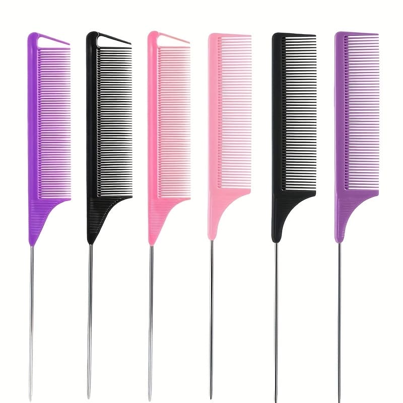 TEMU Set Of 6 Long Steel Needles Teasing Combs, Mouse Tail Combs: Suitable For Salon Hairstylists, Women's Pointed Metal Sectioning Combs (purple, Black, Pink)
