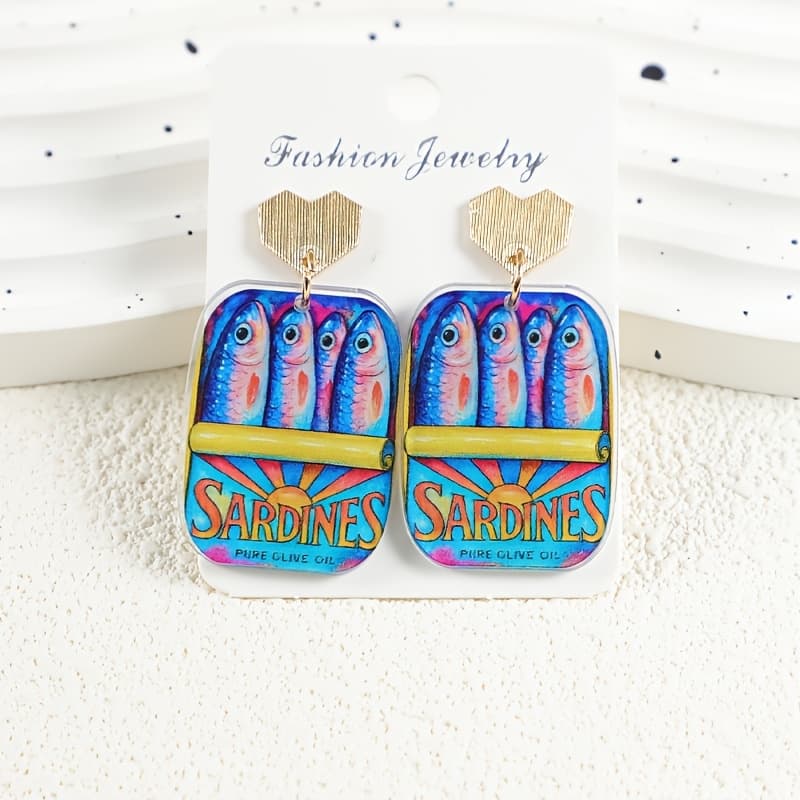 TEMU Summer Ocean Sardine Can Earrings, Women's Acrylic Earrings, Love Heart Temperament Striped Alloy Ear Studs, Suitable For Vacation And Summer, Women's Jewelry