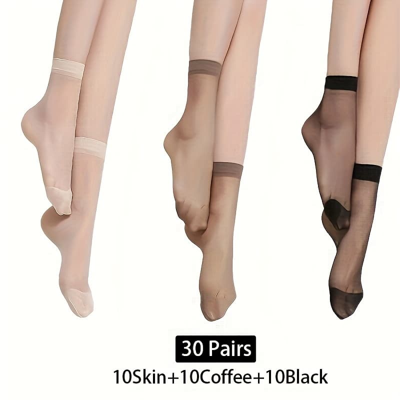 TEMU 30 Pairs Of Summer Thin Socks, Glass Socks, Transparent Black, Light Beige, Coffee Color Stockings
