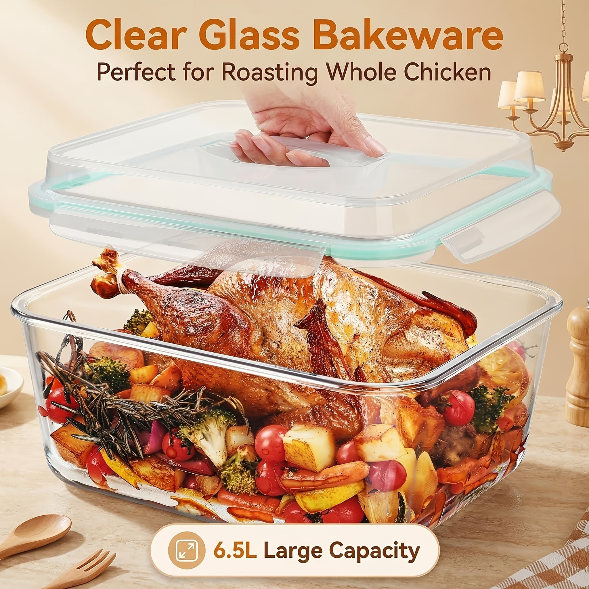 TEMU 220oz Extra Large Glass Food Storage Containers With Snap Airtight Lids For Roasting Turkey, Chicken, Baking Casserole, Fruits, Party, Bpa Free, Oven Safe, Freezer, Dishwasher