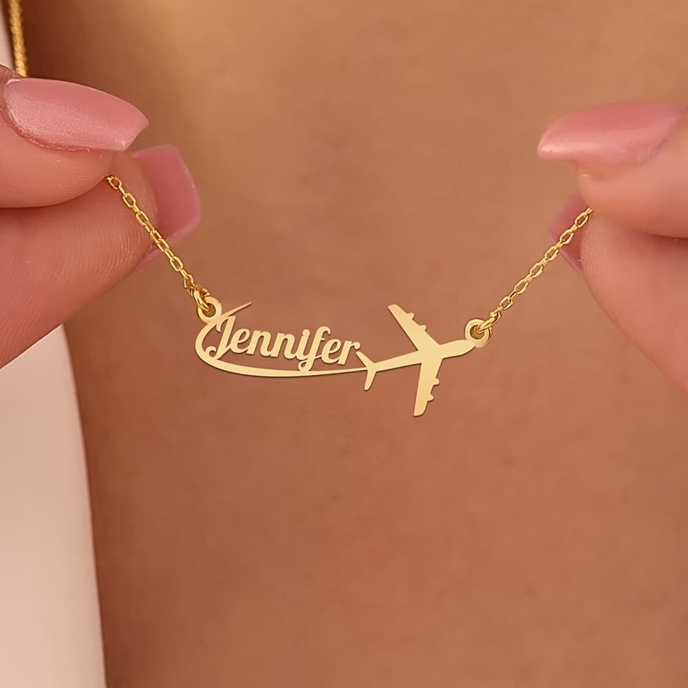 TEMU Stainless Steel Personalized Airplane Name Pendant Necklace, Fashion Custom Jewelry, Holiday Gifts, Unique Birthday Gifts, Suitable For Daily Wear, For Family, ,
