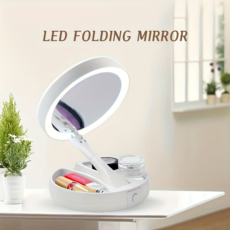 TEMU Brightness Desk Mirror For Cosmetics, Featuring A 6-inch Double-sided Design With 10x Magnification, Button-operated Lighting, A Foldable Structure For , And Usb Or Aa Batteries