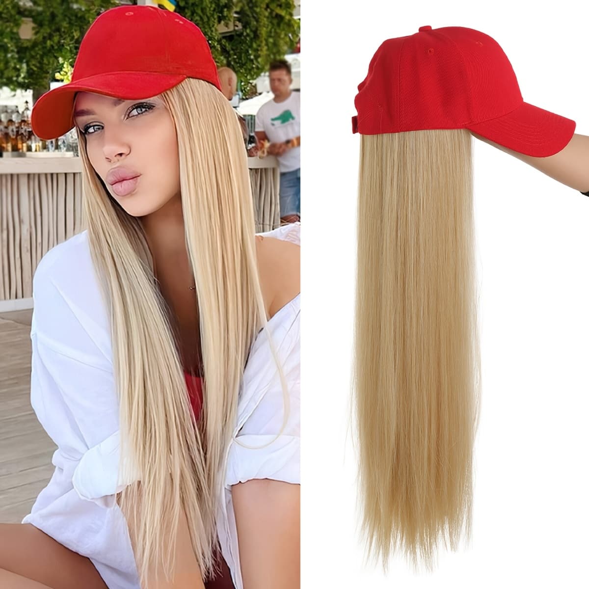 TEMU 26 Inch Wig And Hat Blonde Long Straight Wig Extension White Female Hat Wig Synthetic Blonde Black Hair Wig Women's Synthetic Wig