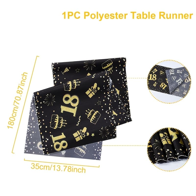 TEMU 1pc, Cake Gifts Design 18th Birthday Table Runner, 35 X 180cm, Black Golden Polyester Table Flag, Happy Birthday Party Table Ornament, Old Birthday Party Supplies
