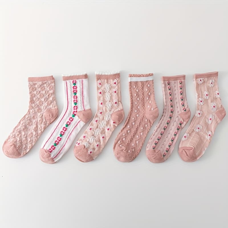 TEMU [ Style] 6 Pairs Pink Floral Lace Comfortable Versatile Ladies Mid-calf Socks
