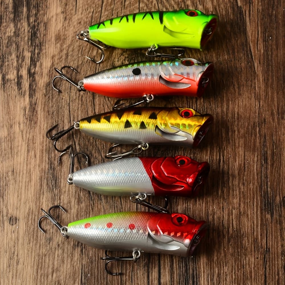TEMU 5pcs 6.5cm/2.55" 12g Topwater Popper Fishing Lures - Floating Wobbler Minnow Bait With 3 Treble Hooks, Vibrant Realistic Eyes For Bass Pike Trout Freshwater Fishing, Design | Durable Hooks