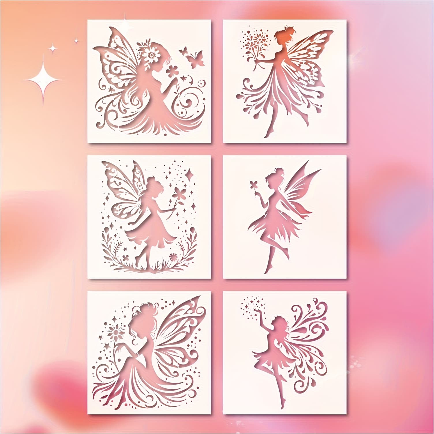 TEMU Set Of 6 Fairy Stencils Measuring 7.87x7.87 Inches, Made Of Pet For Crafting Wall Decals, Gift Cards, Handmade Decorations, Painting, Embroidery, And Scrapbooking