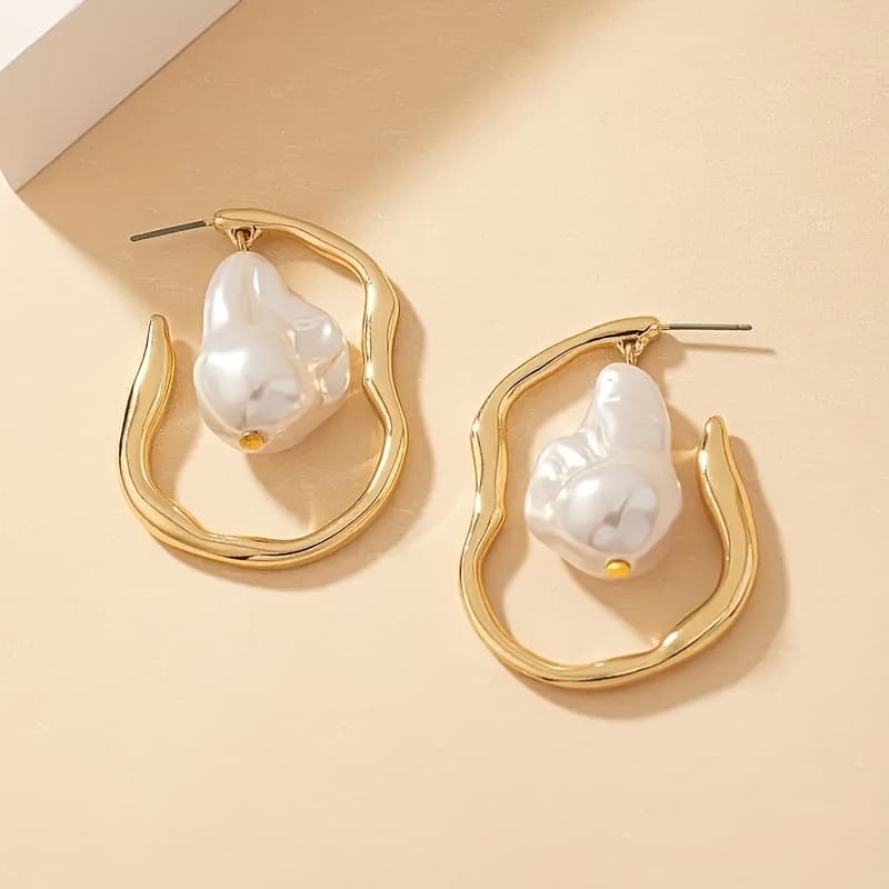 TEMU A Pair Of Minimalist Elegant Niche Design Metal Irregular Geometric Shape Artificial Pearl Women's Fashion Hoop Earrings
