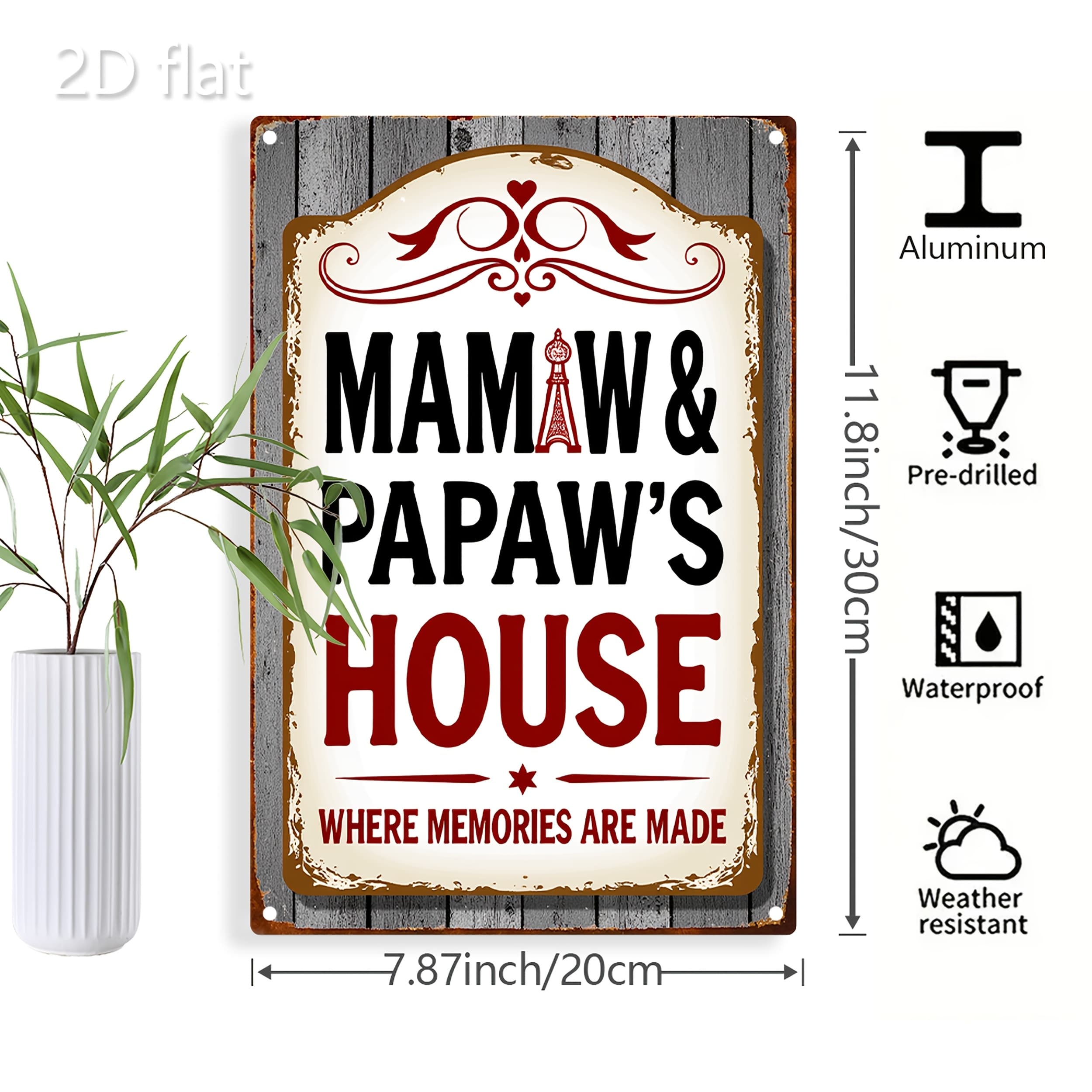 TEMU 2d Flat, 1pc Vintage Aluminum Wall Art Sign - Rustic Tinplate- Plaque With " & House" Design, 8x12 Inch Indoor/outdoor Hanging Decor For Home, Porch, Garden - No Electricity Needed, 2d Flat