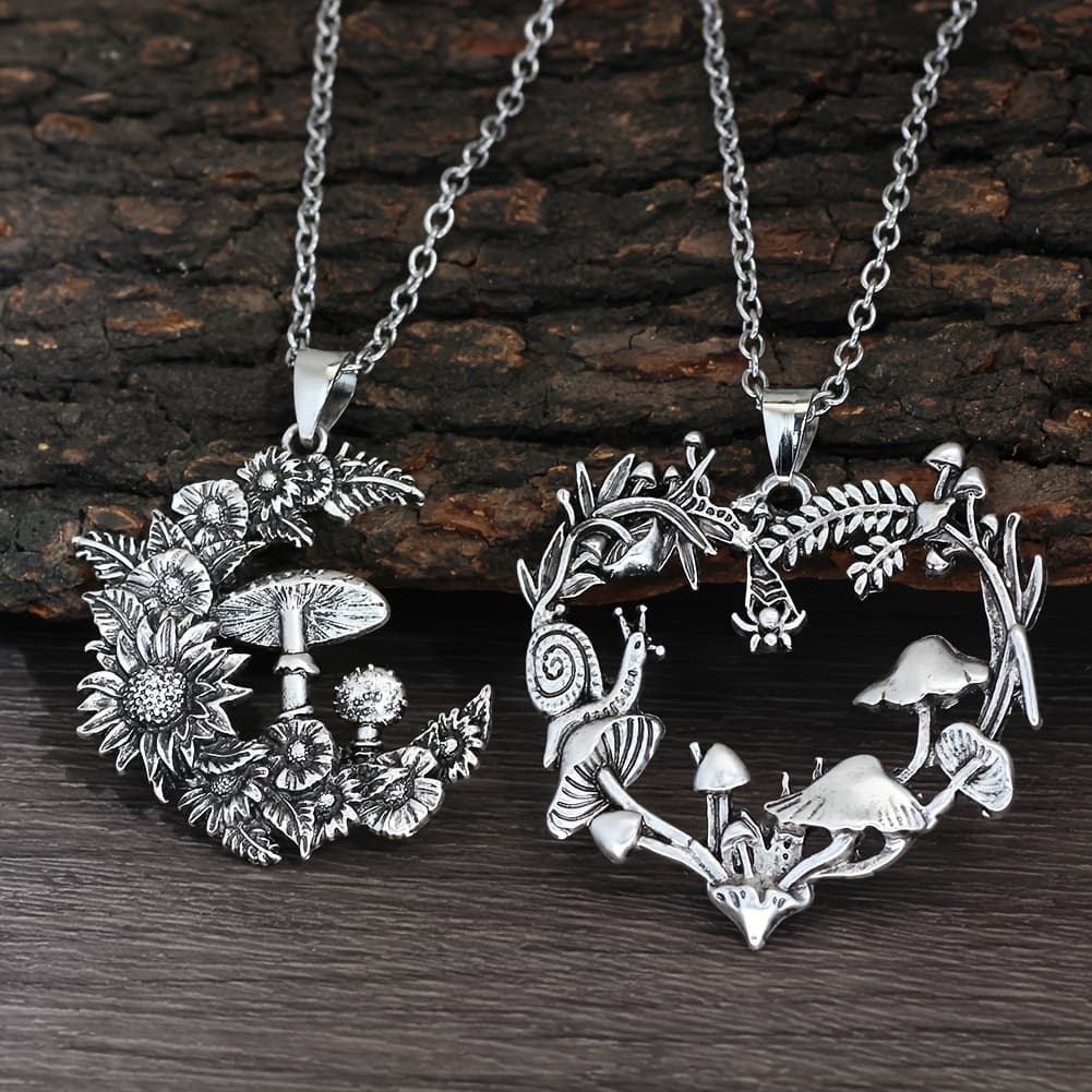 TEMU 2pcs Fashion Antique Mushroom Pendant Necklace Vintage Silvery Chain Moon Necklace Party Jewelry Gift
