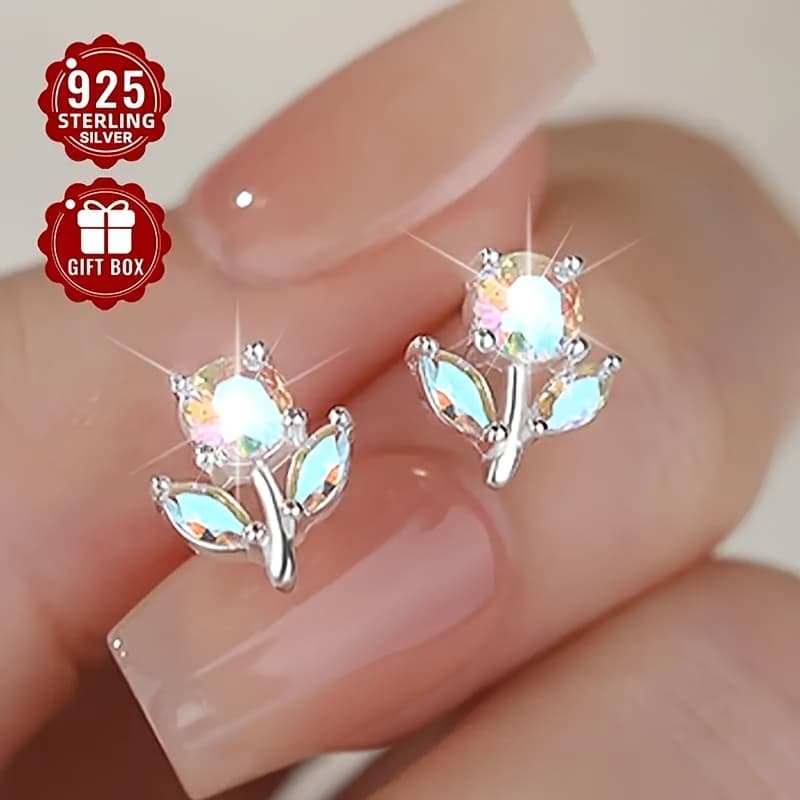 TEMU 2pcs Women's Stylish Earrings Made Of 925 Sterling Silver With Colorful Synthetic Zirconia Flowers, And