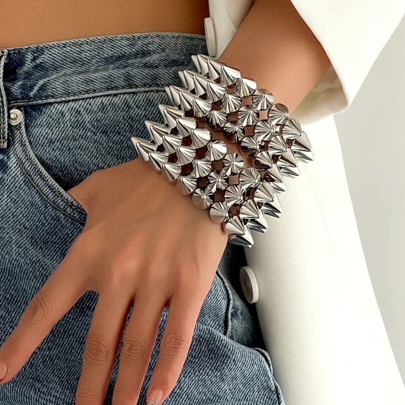 TEMU 2pcs Punk Style Rivet Spikes Bracelet, Unisex Silvery-color Edgy Rivet Cuff Bracelet For Everyday, Party, Music Festival Wear