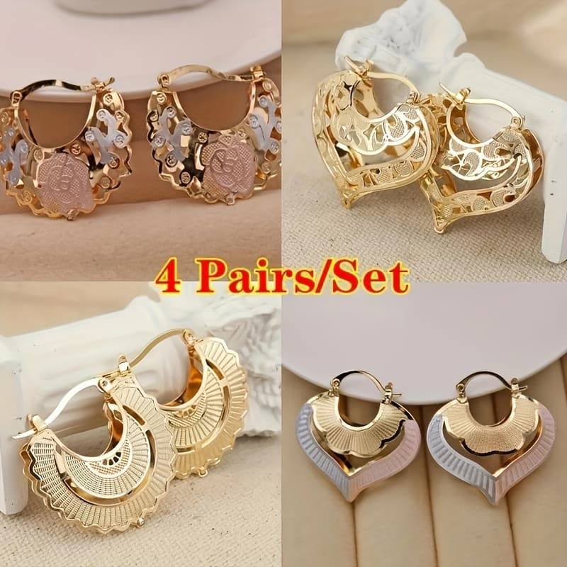 TEMU 4 Pairs/set Of Exquisite Women's Fashionable Women's Golden-plated Heart-shaped Hoop Earrings - Exquisite , Elegant Women's Ear Jewelry Accessories, Old-fashioned Wedding And Birthday Gifts