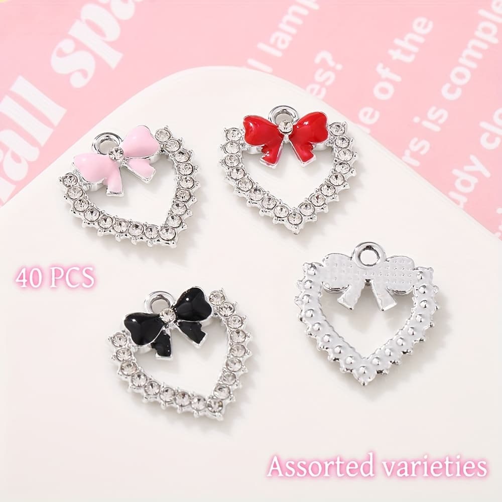 TEMU Set Of 40 Romantic Heart And Bow Charms With Rhinestones, Perfect For Your Own Jewelry Such As Earrings, Bracelets, Necklaces, And Keychain Pendants. Ideal Gifts For , Family,