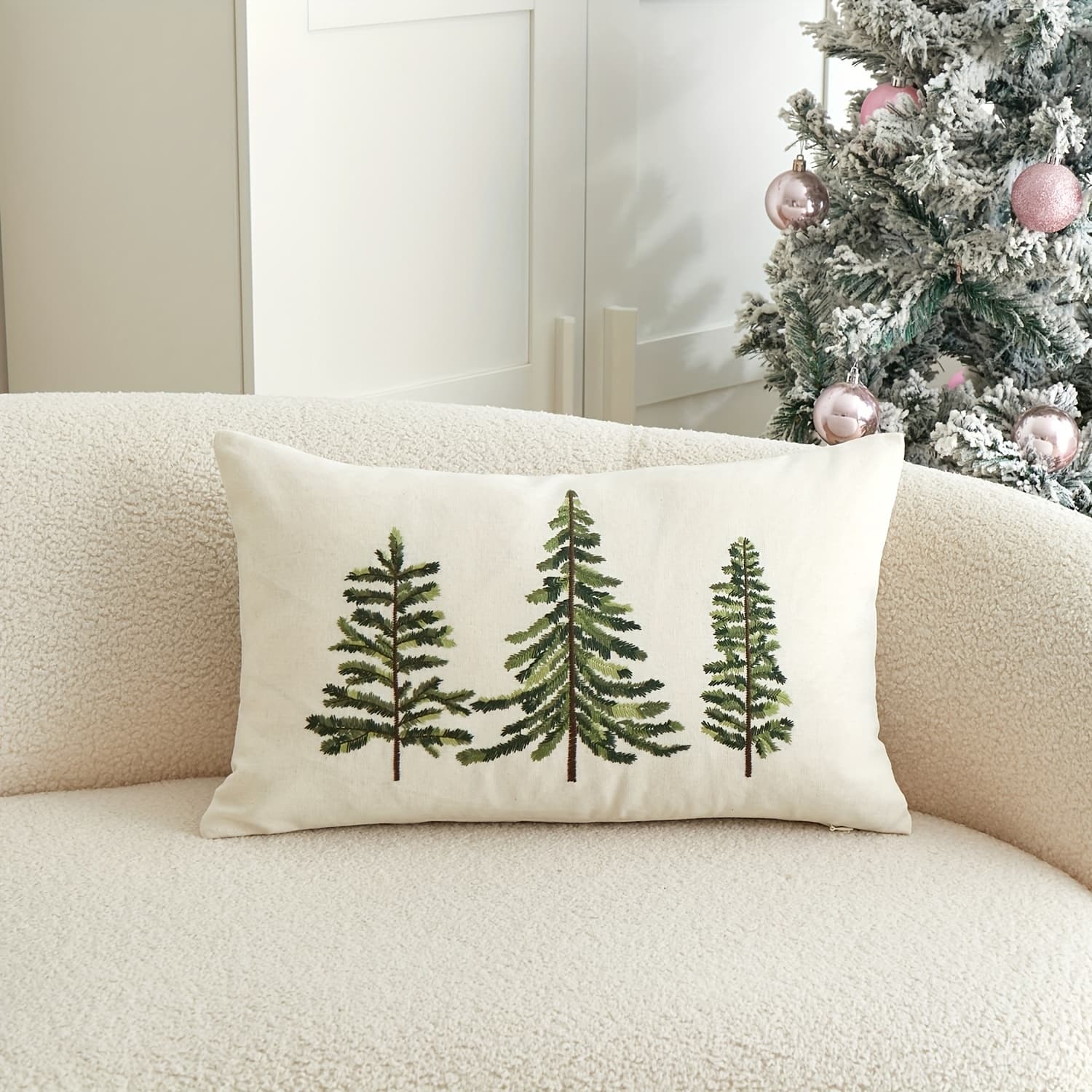 TEMU 1pc, Christmas Natural Linen Pillowcase, Christmas Trees Pillowcase, Single Side Applique Embroidery, Suitable For Sofa, Living Room, Bedroom Home Decoration