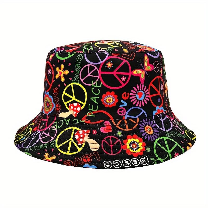 TEMU Love And Peace Logo Floral Print Reversible Bucket Hat - Lightweight Fashion Fisherman , Unisex, Perfect For Parties And Outdoor Activities, Best Gift